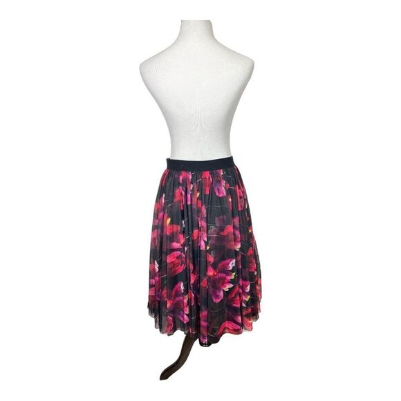 Esley Sz M Floral Black Pink Red Pleated Tulle Skirt Elastic Waist A-Line - Picture 3 of 8